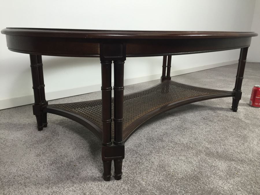 Hollywood Regency Oval Coffee Table With Glass Top And Cane Lower Shelf Bamboo Motif [Photo 2]