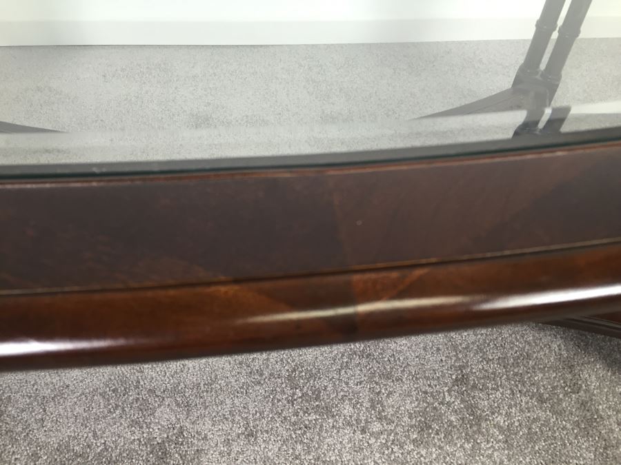 Hollywood Regency Oval Coffee Table With Glass Top And Cane Lower Shelf Bamboo Motif [Photo 6]