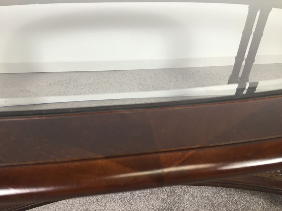 Hollywood Regency Oval Coffee Table With Glass Top And Cane Lower Shelf Bamboo Motif [Photo 7]