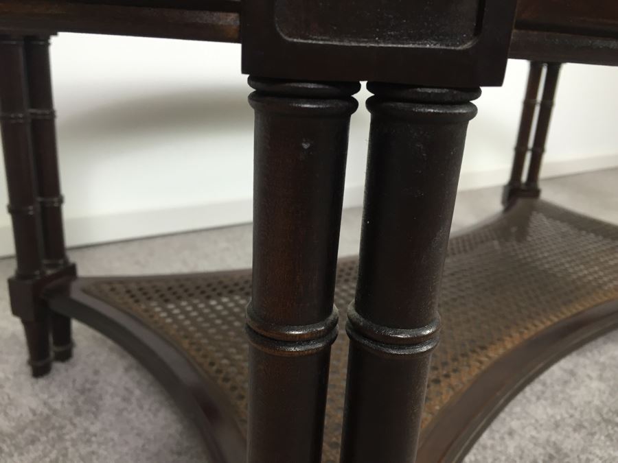 Hollywood Regency Oval Coffee Table With Glass Top And Cane Lower Shelf Bamboo Motif [Photo 8]