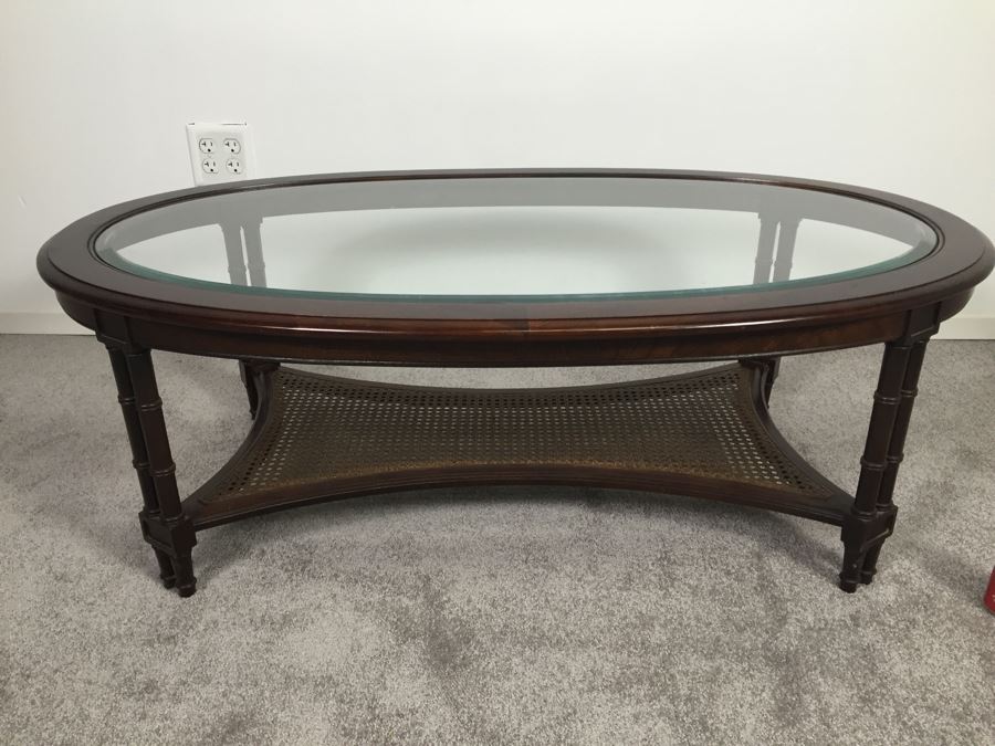 Hollywood Regency Oval Coffee Table With Glass Top And Cane Lower Shelf Bamboo Motif