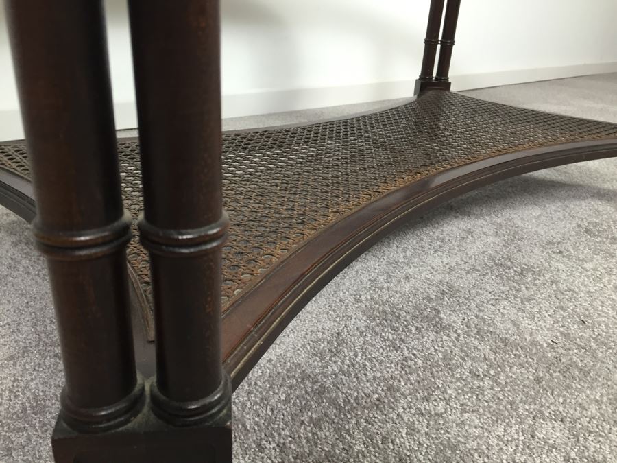 Hollywood Regency Oval Coffee Table With Glass Top And Cane Lower Shelf Bamboo Motif [Photo 10]