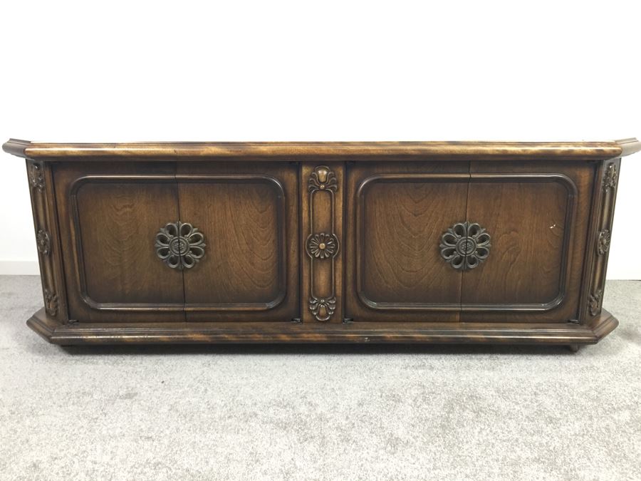 Vintage Wooden Low Cabinet On Casters