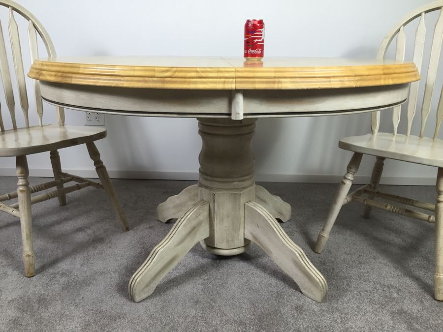 Butcher Block Pedestal Kitchen Table With One Leaf And 3 ...