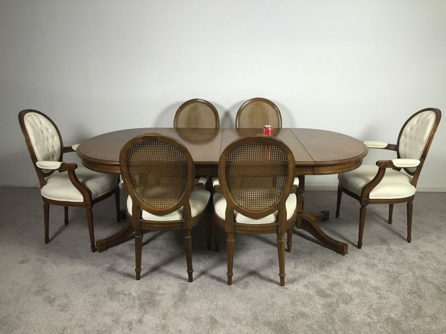Wooden Dining Table Marked 'Brentano' With 2 Large Leaves And 6 Upholstered Chairs [Photo 2]