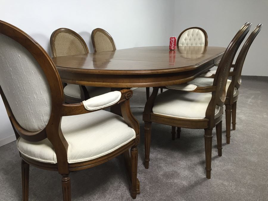 Wooden Dining Table Marked 'Brentano' With 2 Large Leaves And 6 Upholstered Chairs [Photo 18]