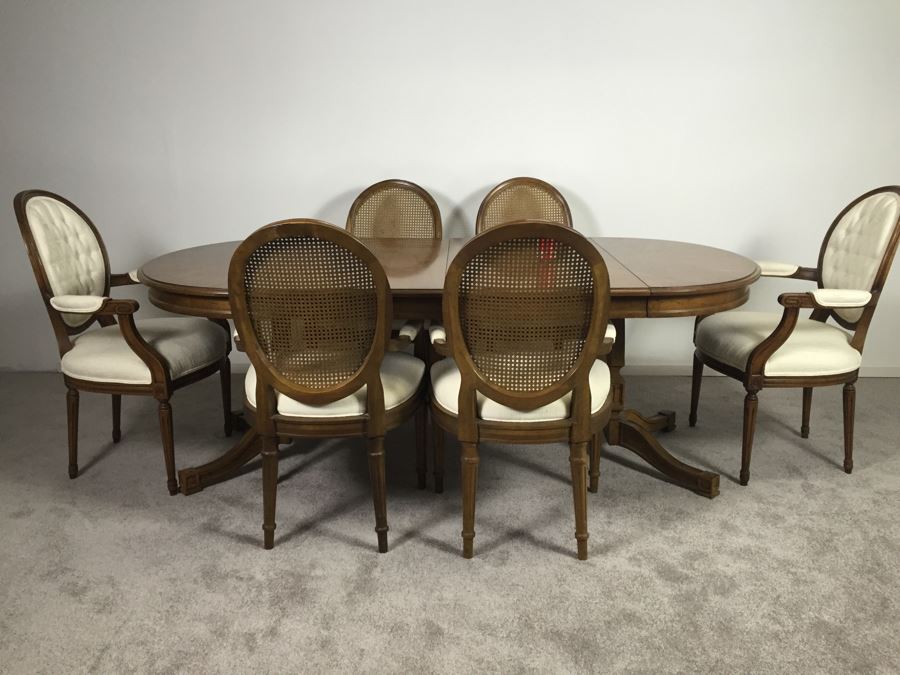Wooden Dining Table Marked 'Brentano' With 2 Large Leaves And 6 Upholstered Chairs [Photo 14]