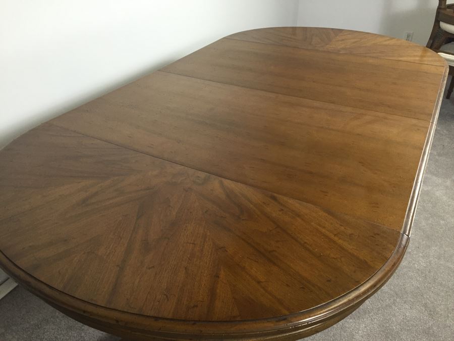 Wooden Dining Table Marked 'Brentano' With 2 Large Leaves And 6 Upholstered Chairs [Photo 13]