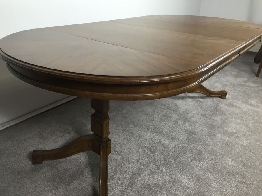 Wooden Dining Table Marked 'Brentano' With 2 Large Leaves And 6 Upholstered Chairs [Photo 12]