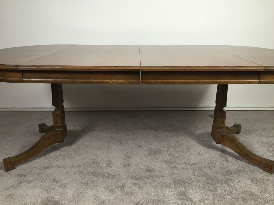 Wooden Dining Table Marked 'Brentano' With 2 Large Leaves And 6 Upholstered Chairs [Photo 11]