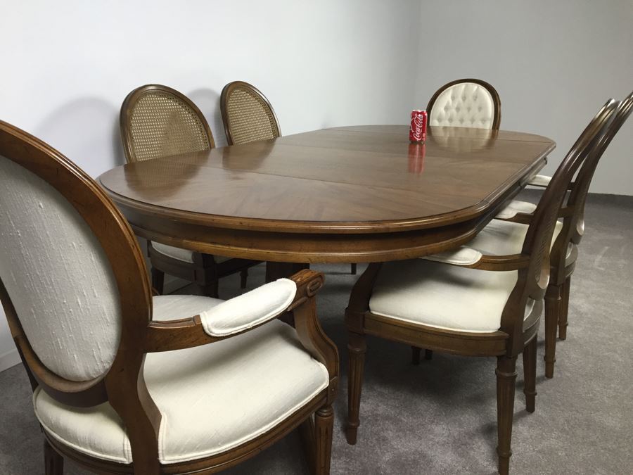 Wooden Dining Table Marked 'Brentano' With 2 Large Leaves And 6 Upholstered Chairs [Photo 19]