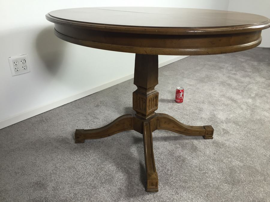 Wooden Dining Table Marked 'Brentano' With 2 Large Leaves And 6 Upholstered Chairs [Photo 5]