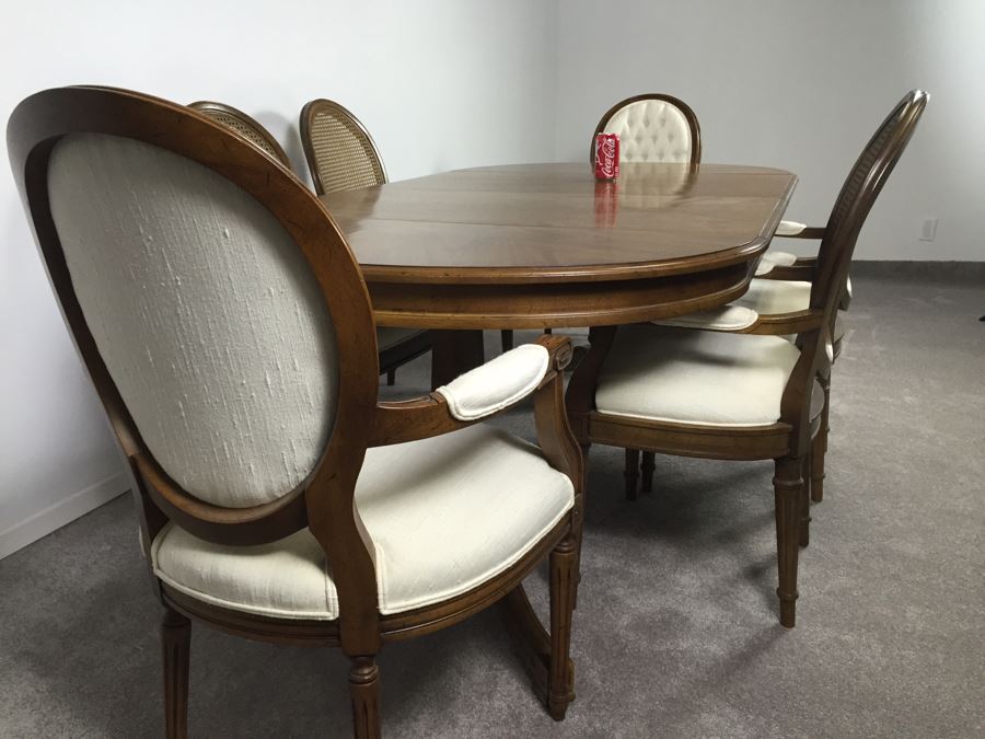 Wooden Dining Table Marked 'Brentano' With 2 Large Leaves And 6 Upholstered Chairs [Photo 17]