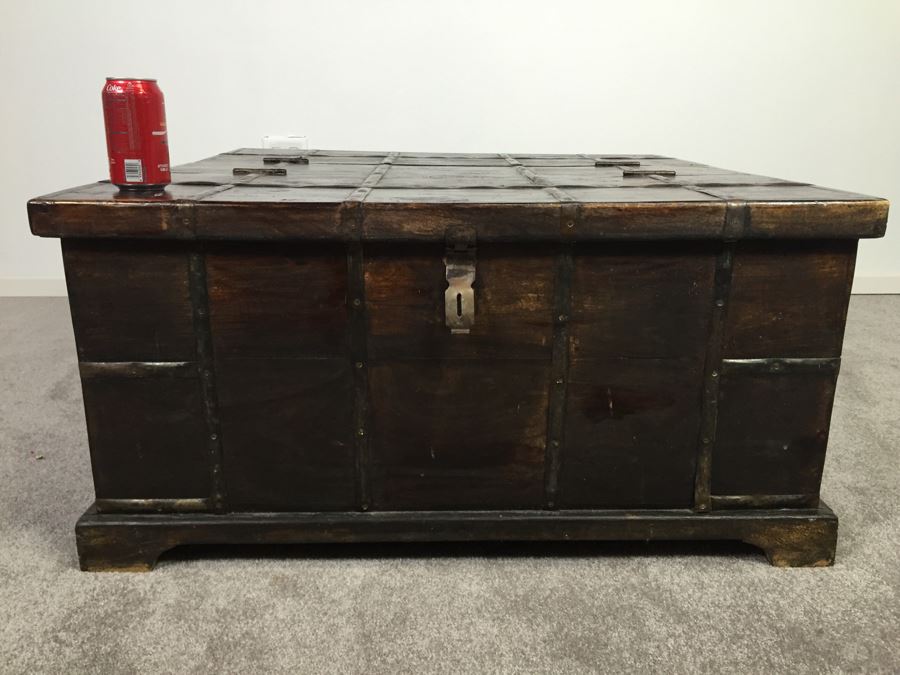 Rustic Wooden Coffee Table With Metal Accents And Hinged Top For Storage [Photo 4]