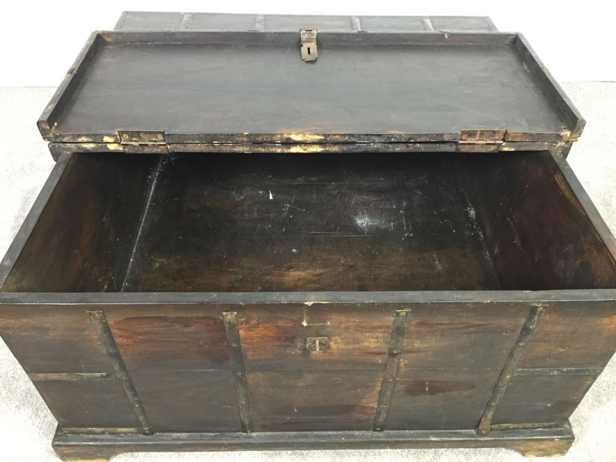 Rustic Wooden Coffee Table With Metal Accents And Hinged Top For Storage [Photo 3]