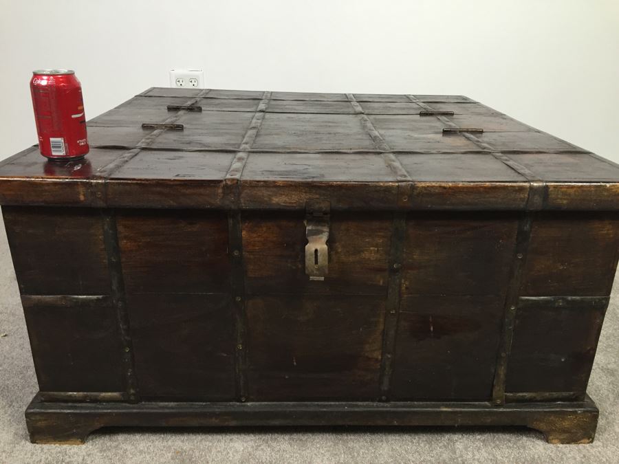 Rustic Wooden Coffee Table With Metal Accents And Hinged Top For Storage [Photo 2]