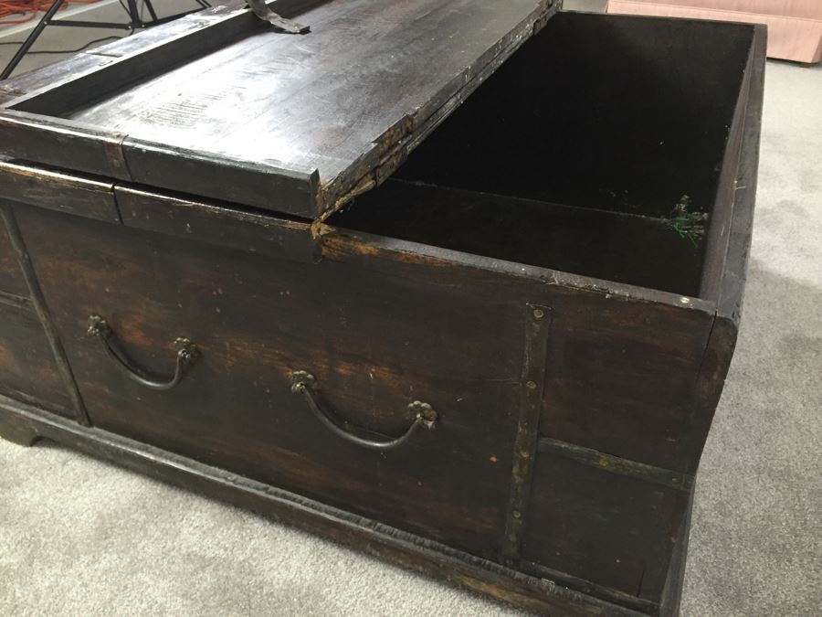 Rustic Wooden Coffee Table With Metal Accents And Hinged Top For Storage [Photo 12]