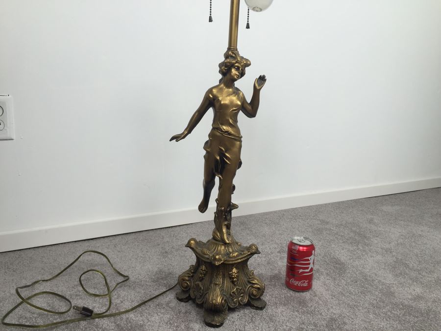 Gilt Metal Lamp With Femal Sculpture And Dale Tiffany Shade [Photo 8]