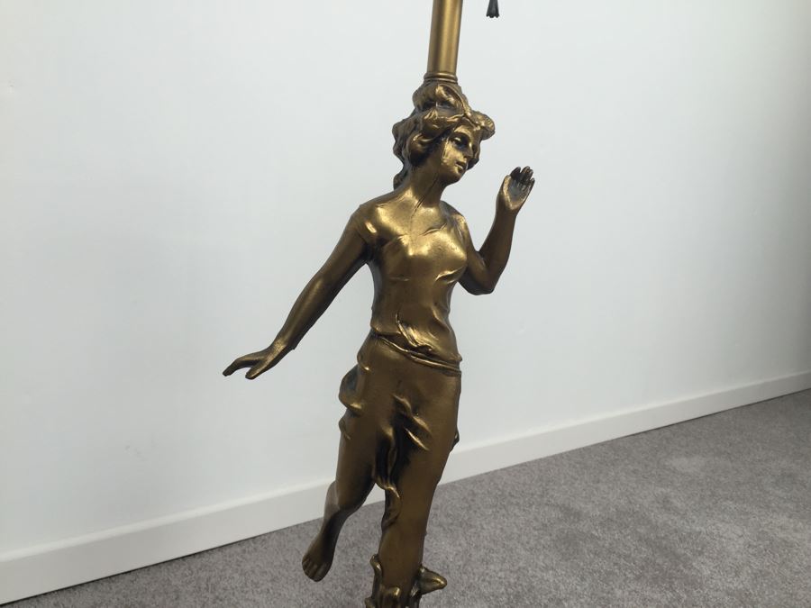 Gilt Metal Lamp With Femal Sculpture And Dale Tiffany Shade [Photo 9]