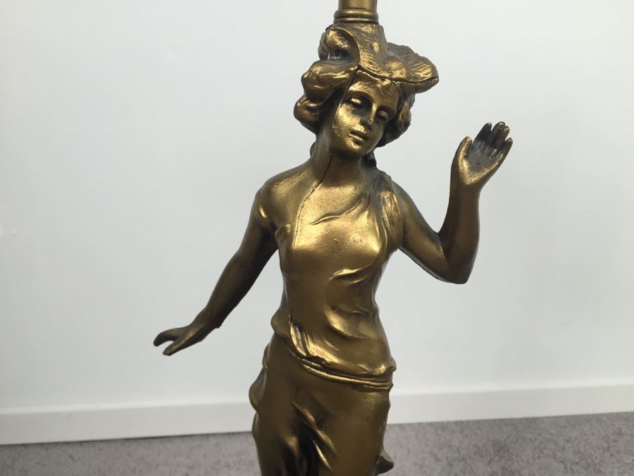 Gilt Metal Lamp With Femal Sculpture And Dale Tiffany Shade [Photo 4]