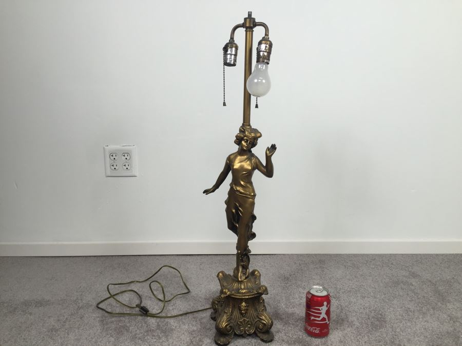 Gilt Metal Lamp With Femal Sculpture And Dale Tiffany Shade [Photo 1]