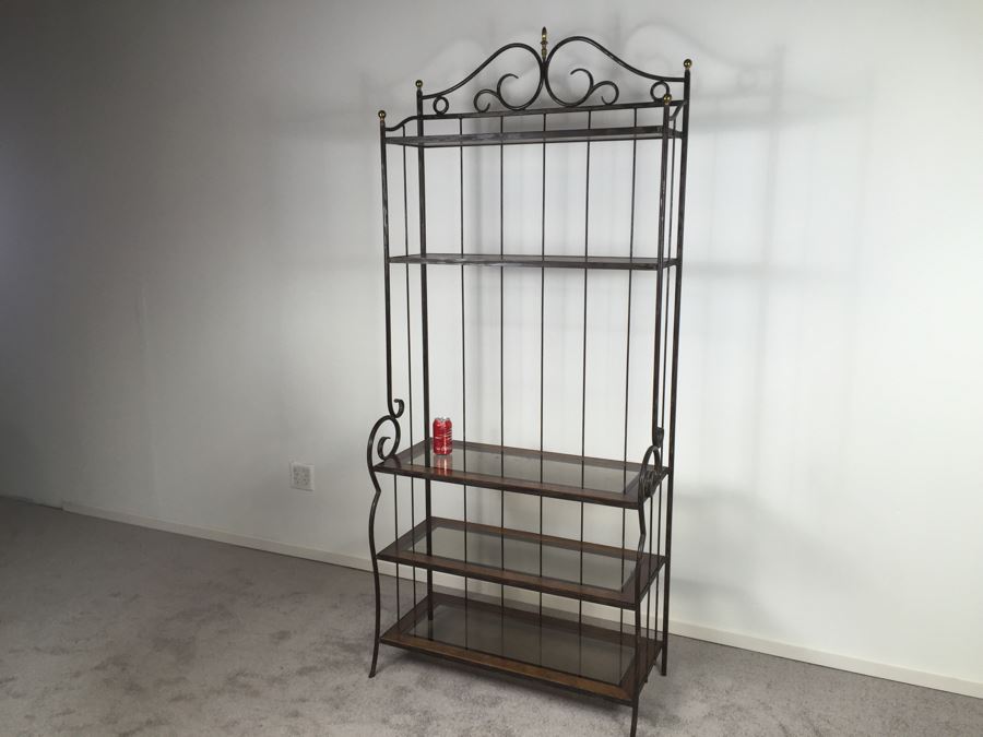 Elegant Bakers Rack With 5 Shelves - Metal, Wood And Glass