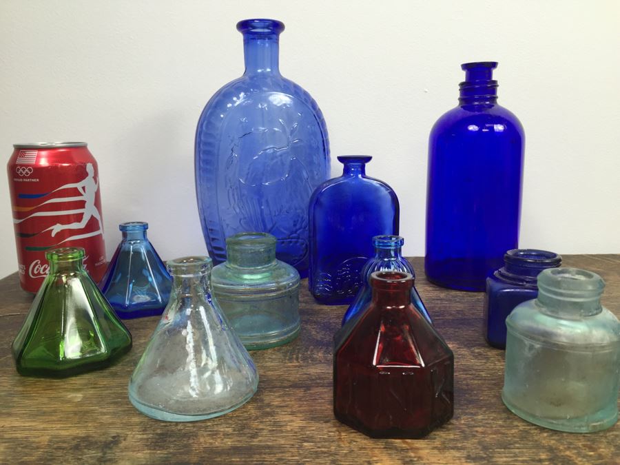 Colored Collectible Glass Inkwell Lot With Bottles