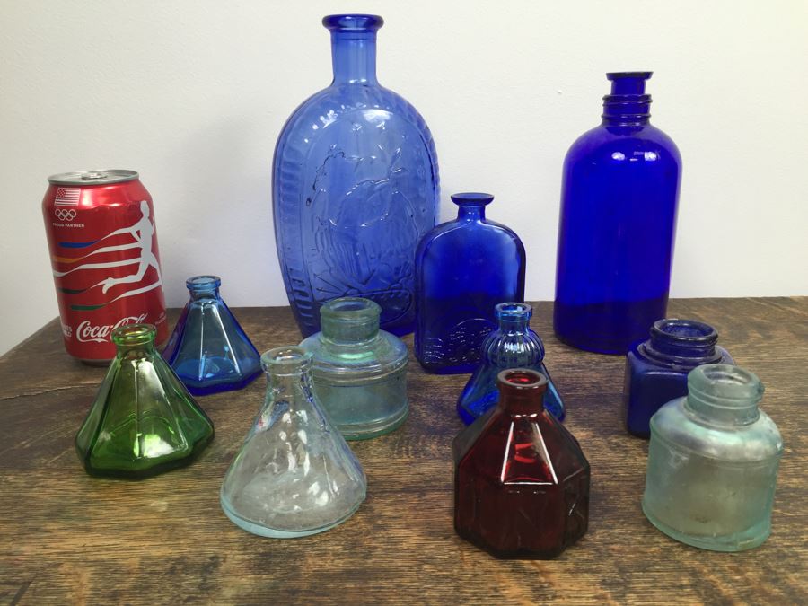 Colored Collectible Glass Inkwell Lot With Bottles