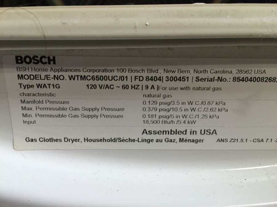 Bosch Gas Dryer Nexxt Premium Model WTMC6500UC/01 [Photo 16]