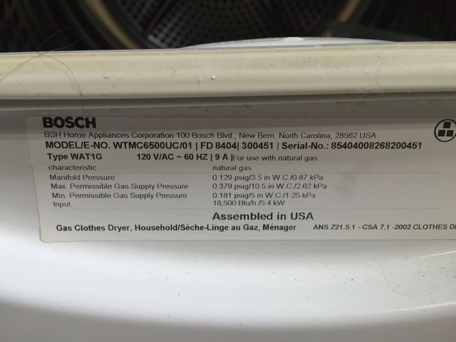 Bosch Gas Dryer Nexxt Premium Model WTMC6500UC/01