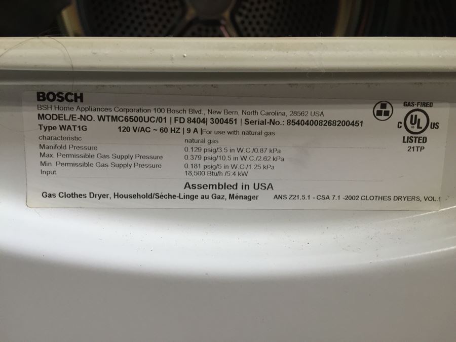 Bosch Gas Dryer Nexxt Premium Model WTMC6500UC/01 [Photo 15]