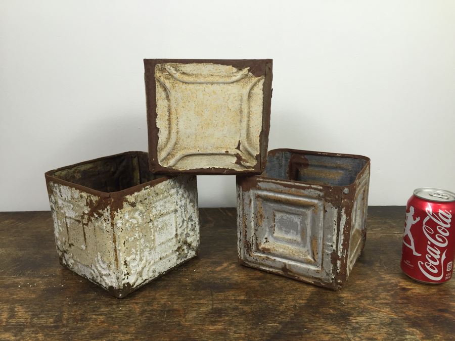 (3) Shabby Chic Rustic Metal And Wood Decorative Boxes