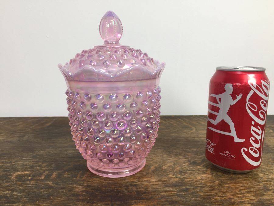 Fenton Pink Opalescent Hobnail Glass Candy Jar With Lid [Photo 1]