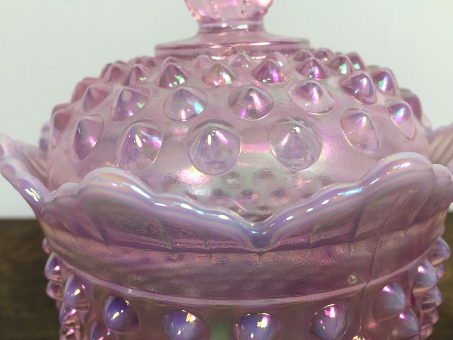 Fenton Pink Opalescent Hobnail Glass Candy Jar With Lid [Photo 6]