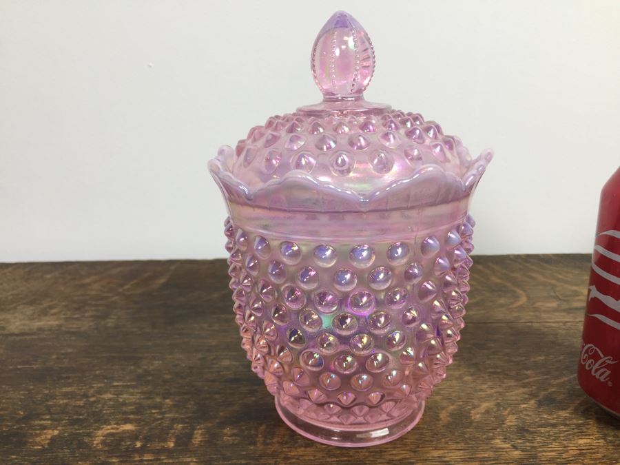 Fenton Pink Opalescent Hobnail Glass Candy Jar With Lid