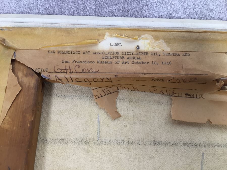 Original Signed Oil Painting By G.H. Cove Title 'Allegory' Featured in 1946 San Francisco Art Association 66th Annual SF Musem Of Art Woman Painted On Back Of Canvas [Photo 12]