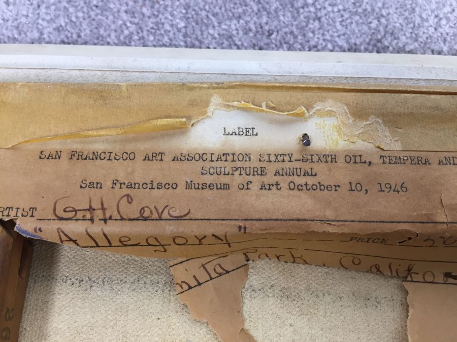 Original Signed Oil Painting By G.H. Cove Title 'Allegory' Featured in 1946 San Francisco Art Association 66th Annual SF Musem Of Art Woman Painted On Back Of Canvas [Photo 13]