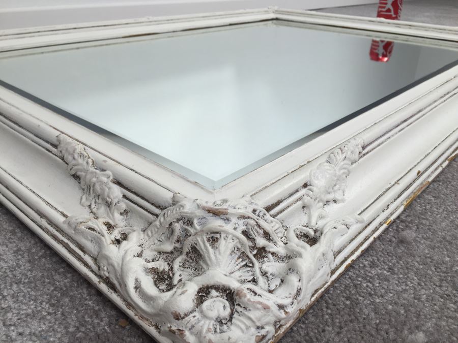 Vintage Shabby Chic Painted White Beveled Glass Wall Mirror [Photo 2]