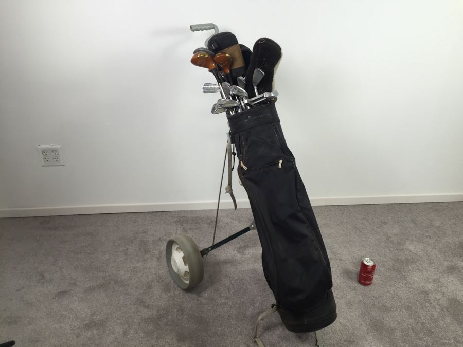 Golf Club Lot With Golf Bag And Caddy [Photo 1]