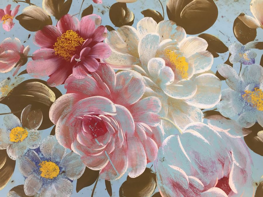 Vintage Shabby Chic Painted Metal Tray With Floral Motif [Photo 2]