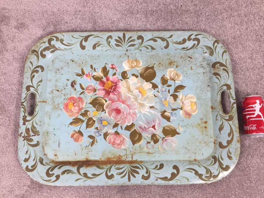 Vintage Shabby Chic Painted Metal Tray With Floral Motif [Photo 1]