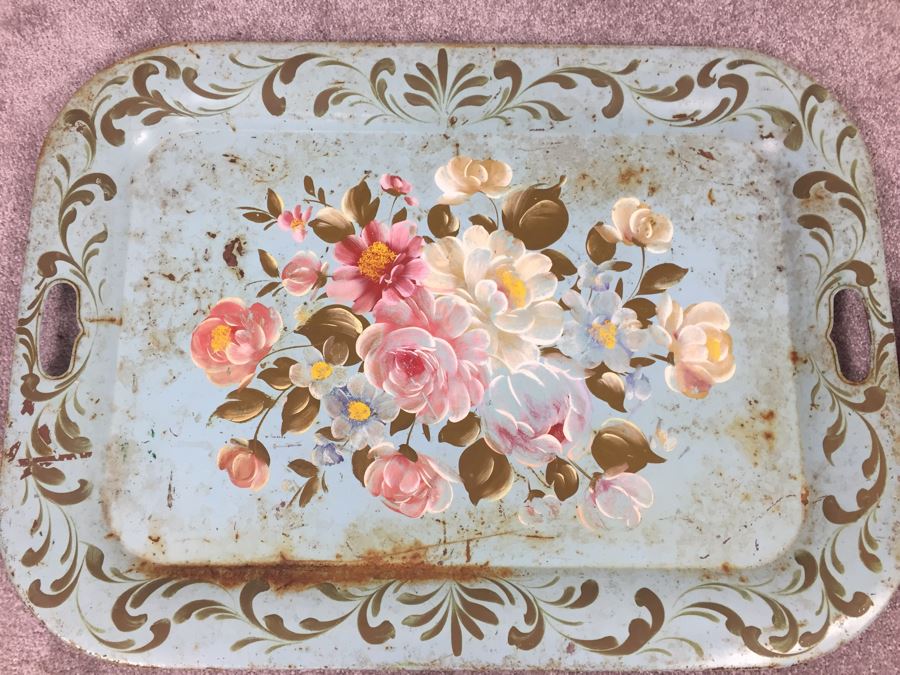 Vintage Shabby Chic Painted Metal Tray With Floral Motif [Photo 4]