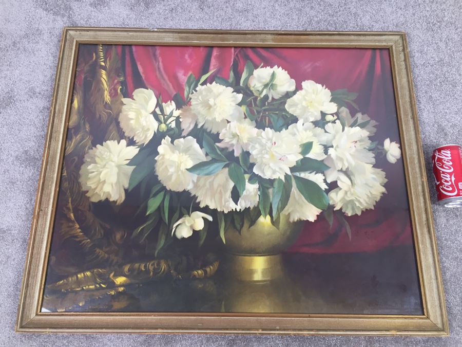 'The Brass Vase' Peonies Print By Elmer W. Greene In Vintage Frame [Photo 1]