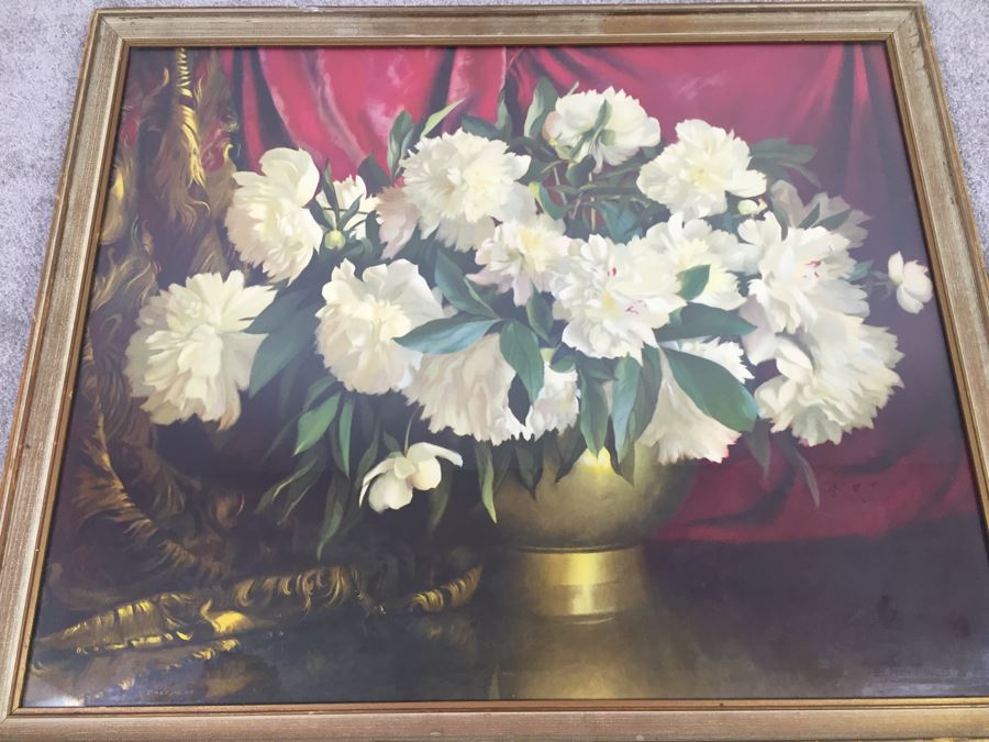 'The Brass Vase' Peonies Print By Elmer W. Greene In Vintage Frame [Photo 2]