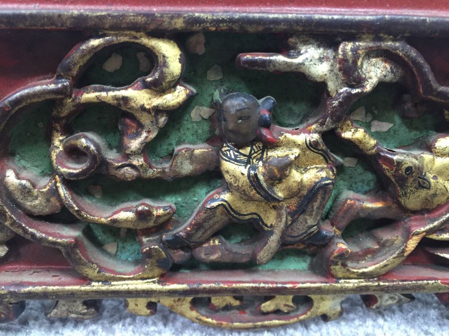 Long Asian Carved Wooden Wall Shelf Red And Black With Gold Accents [Photo 11]