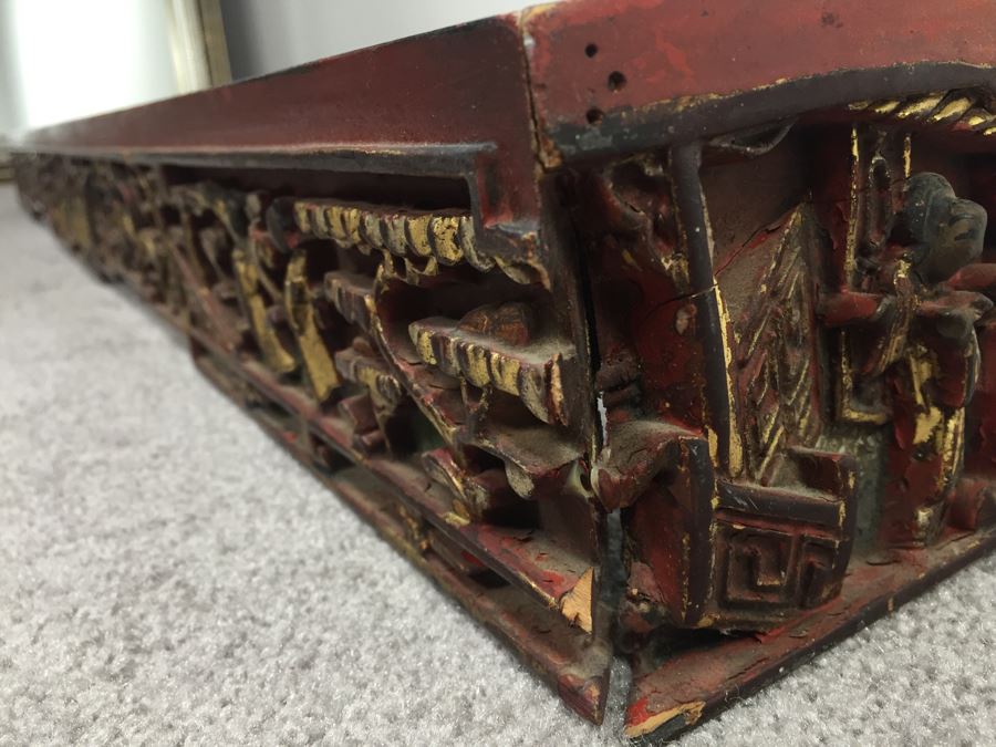 Long Asian Carved Wooden Wall Shelf Red And Black With Gold Accents [Photo 3]