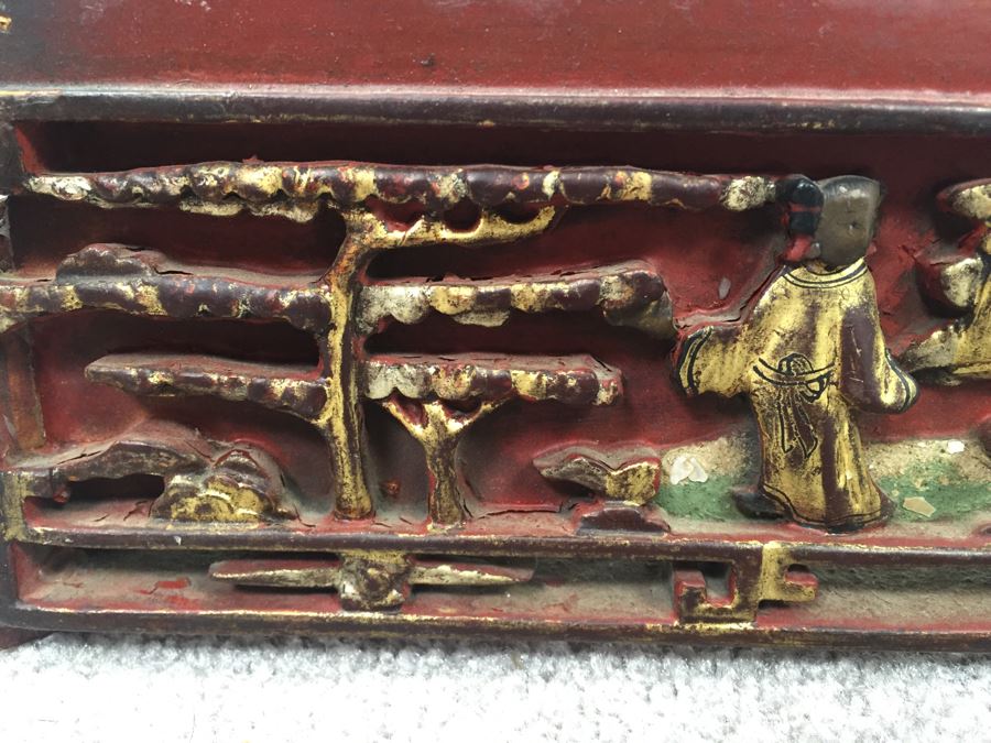 Long Asian Carved Wooden Wall Shelf Red And Black With Gold Accents [Photo 7]