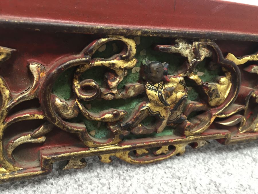 Long Asian Carved Wooden Wall Shelf Red And Black With Gold Accents [Photo 10]