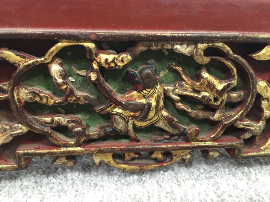 Long Asian Carved Wooden Wall Shelf Red And Black With Gold Accents [Photo 8]