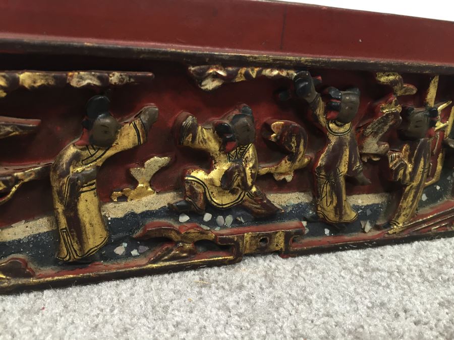 Long Asian Carved Wooden Wall Shelf Red And Black With Gold Accents [Photo 9]